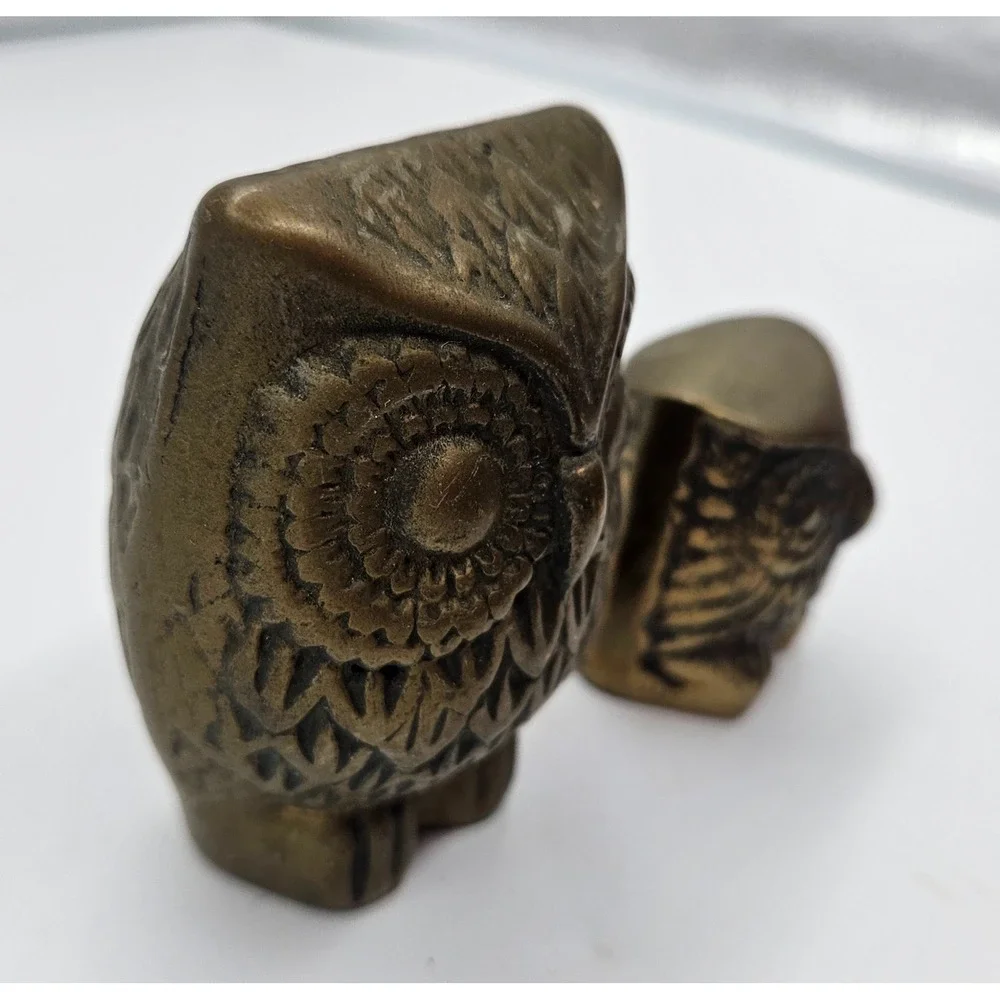 Vintage Solid Brass Owl Figurines Set of 2 Mid Century Modern Bird OWL decor